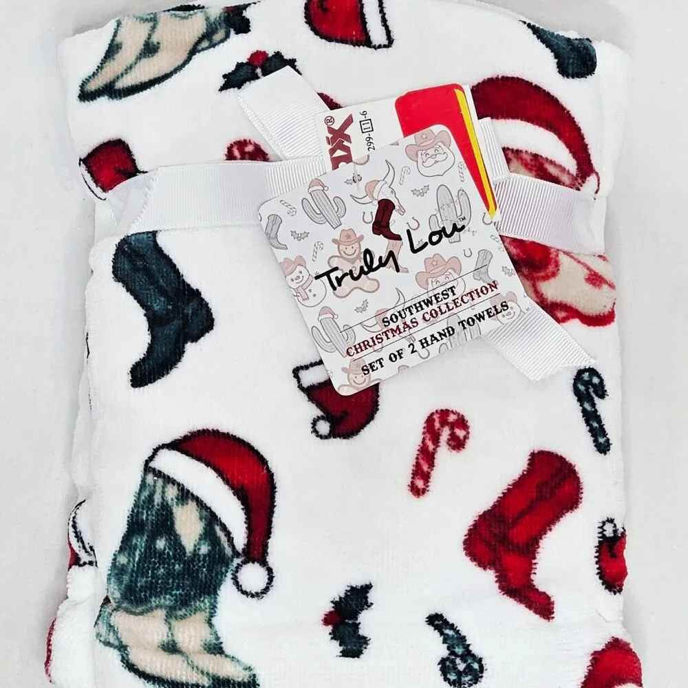 Truly Lou Santa Hat Cowboy Boots Southwest Christmas Hand Towels Set of 2 NEW